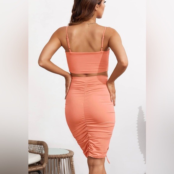 Pink 2 Piece Adjustable Ruched Midi Skirt Set, Crop Top, Preloved, Size Large - Picture 6 of 16